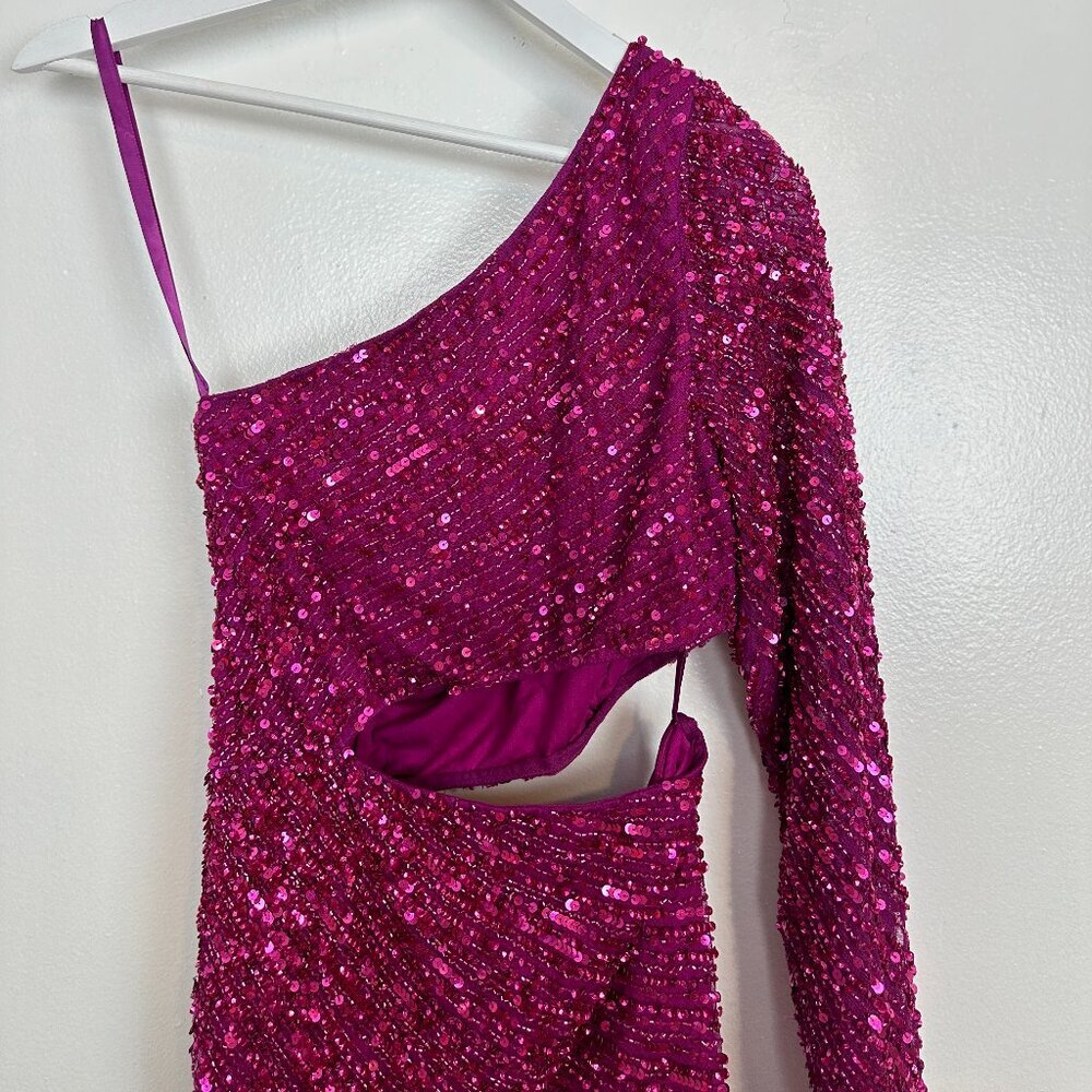 MAC DUGGAL Beaded One Sleeve Dress in Fuchsia Size US 6 - Picture 7 of 11
